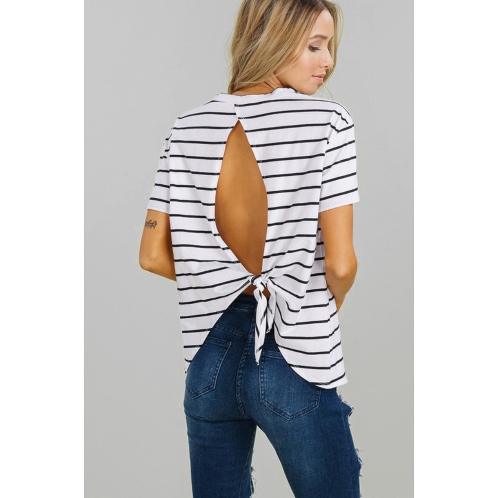 Open Tie Back Striped Tee - Picture 6 of 8
